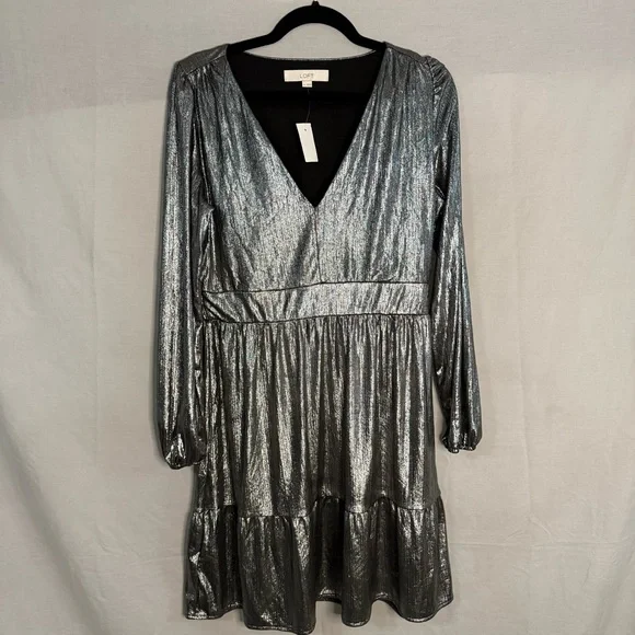Loft‎ Shimmer Ruffle V-Neck Dress size 8 medium night out cocktail party silver - Picture 3 of 8